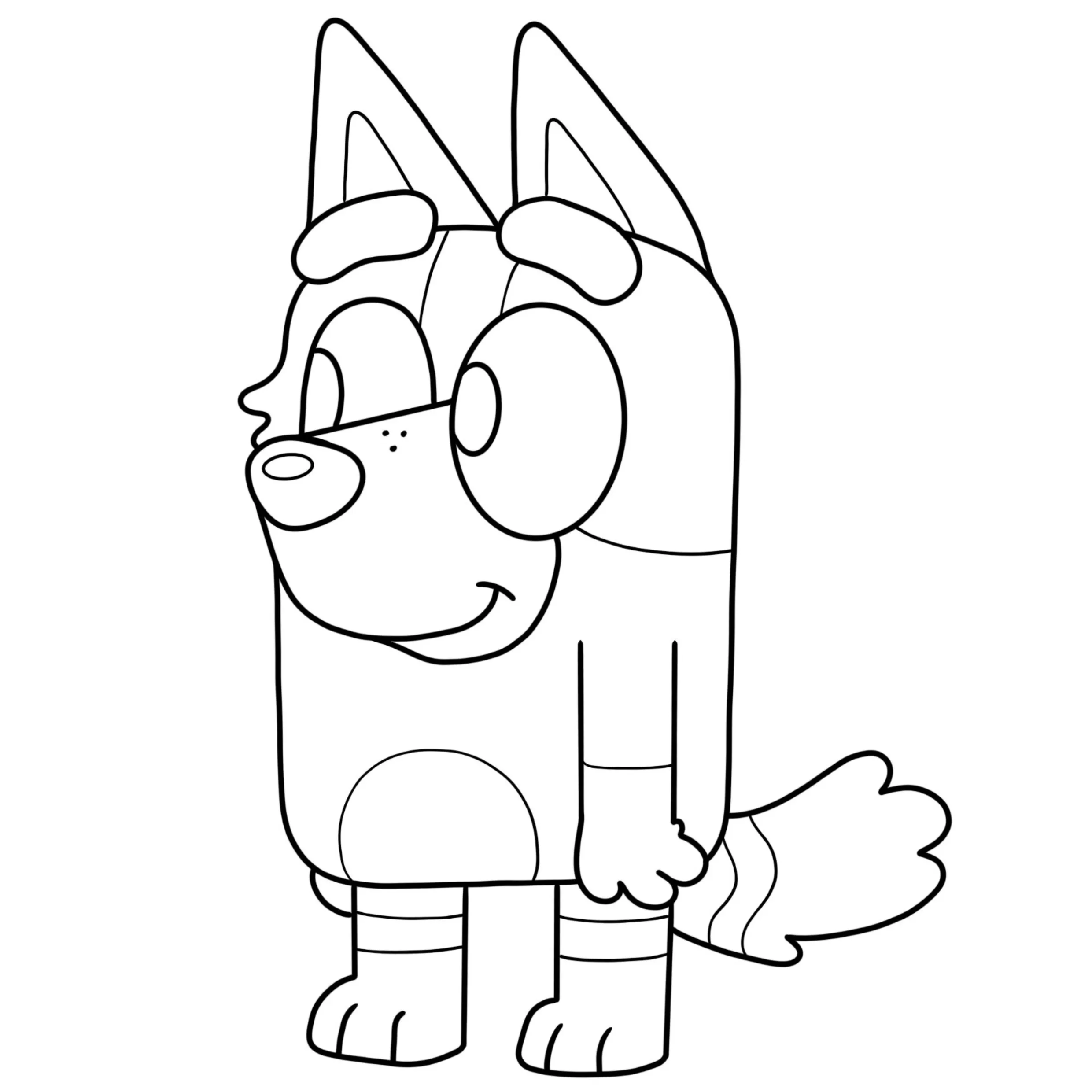 Desenho de contorno do personagem Jack da série Bluey, um Jack Russell Terrier em pé, sorrindo e olhando para o lado.