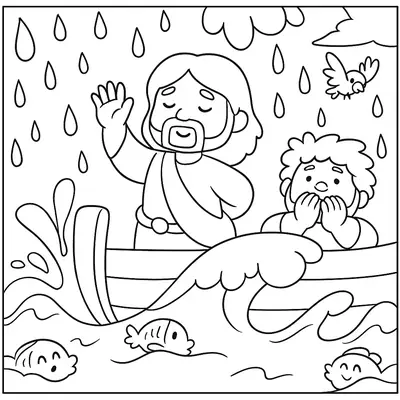 Desenho de contorno estilo infantil de Jesus em um barco com a mão levantada, acalmando ondas grandes e chuva, ao lado de um discípulo assustado.