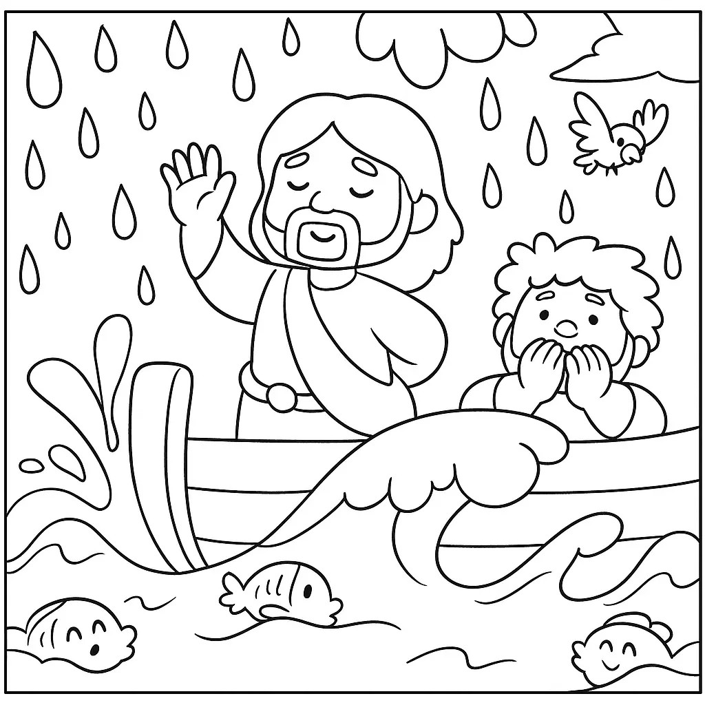 Desenho de contorno estilo infantil de Jesus em um barco com a mão levantada, acalmando ondas grandes e chuva, ao lado de um discípulo assustado.