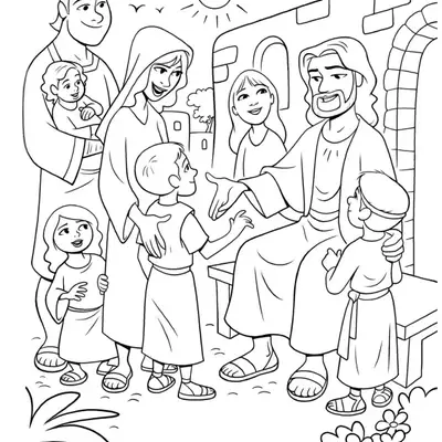 Desenho de contorno de Jesus sentado à direita, interagindo com uma mãe, um pai segurando um bebê e três crianças em um vilarejo sob o sol.