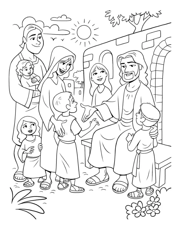 Desenho de contorno de Jesus sentado à direita, interagindo com uma mãe, um pai segurando um bebê e três crianças em um vilarejo sob o sol.