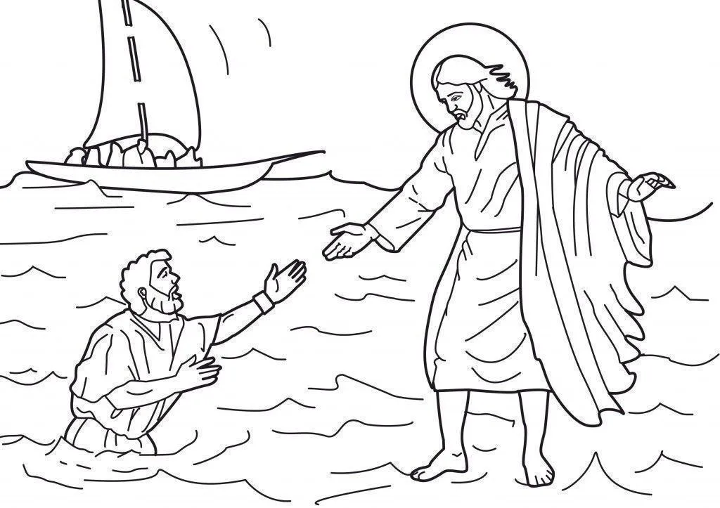 Desenho de contorno de Jesus Cristo com auréola andando sobre o mar e estendendo a mão para Pedro na água, com um barco a vela ao fundo.