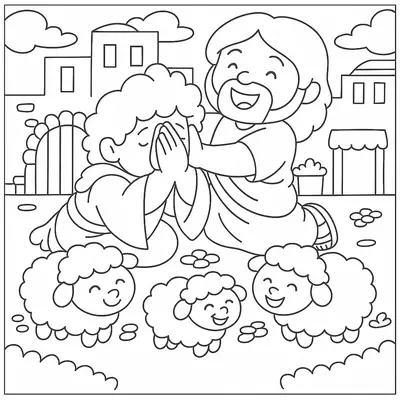 Desenho de contorno estilo infantil de Jesus ajoelhado sorrindo ao lado de um homem em oração, rodeados por quatro ovelhas felizes em um jardim.
