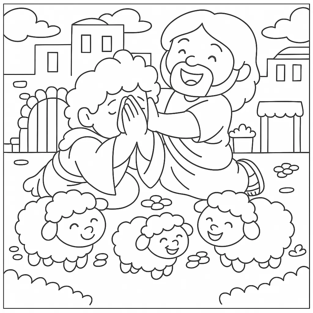 Desenho de contorno estilo infantil de Jesus ajoelhado sorrindo ao lado de um homem em oração, rodeados por quatro ovelhas felizes em um jardim.