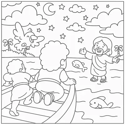 Desenho de contorno estilo infantil de Jesus com braços abertos caminhando sobre o mar, enquanto dois discípulos o observam de um barco sob a lua e estrelas.