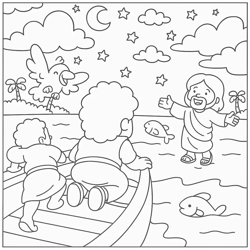 Desenho de contorno estilo infantil de Jesus com braços abertos caminhando sobre o mar, enquanto dois discípulos o observam de um barco sob a lua e estrelas.