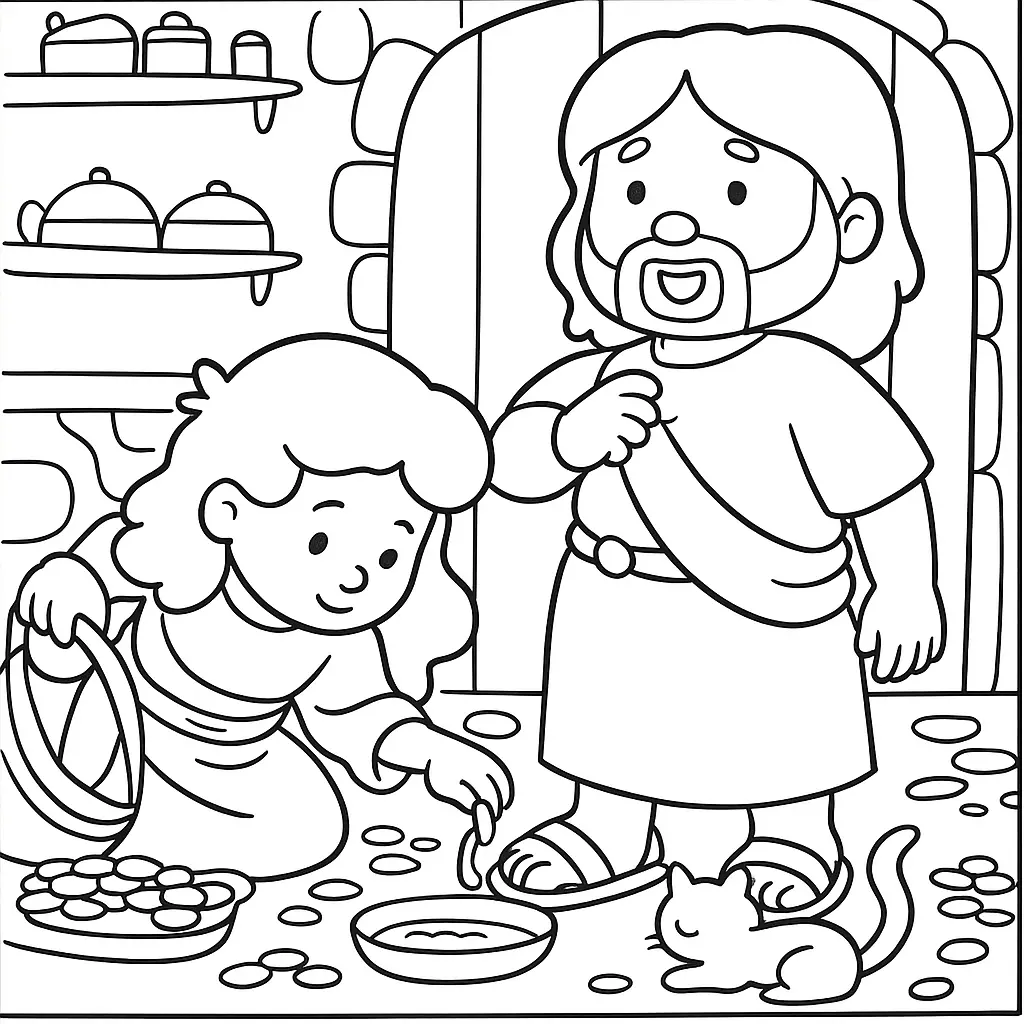Desenho de contorno estilo infantil mostrando Jesus em pé à direita e Maria ajoelhada à esquerda preparando pães, com um gatinho no chão.