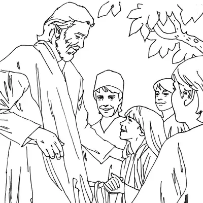 Desenho de contorno detalhado e realista de Jesus Cristo em pé, sorrindo para crianças à sua frente, com uma árvore ao fundo à direita.