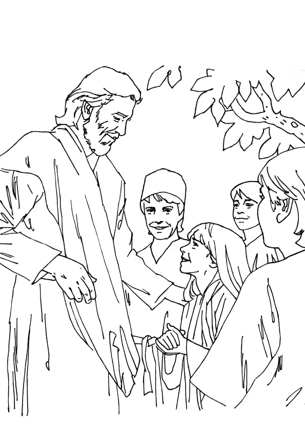Desenho de contorno detalhado e realista de Jesus Cristo em pé, sorrindo para crianças à sua frente, com uma árvore ao fundo à direita.