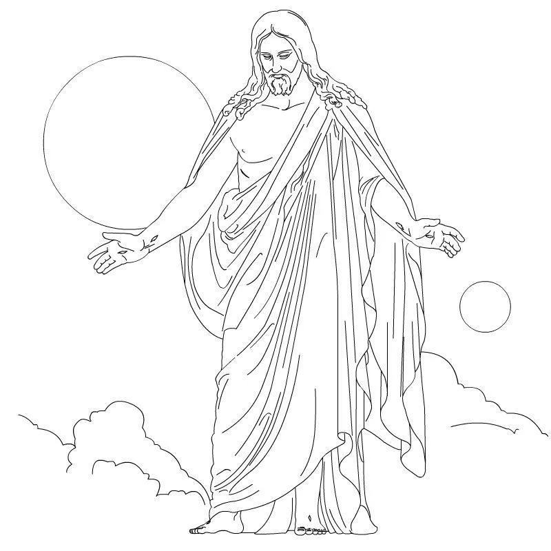 Desenho de contorno detalhado de Jesus Cristo em pé sobre nuvens, com braços estendidos, túnica longa e símbolos do sol e da lua ao fundo.