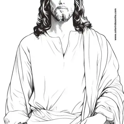Desenho artístico realista de Jesus Cristo de frente, com cabelos longos ondulados, barba detalhada e túnica, em fundo branco para colorir.