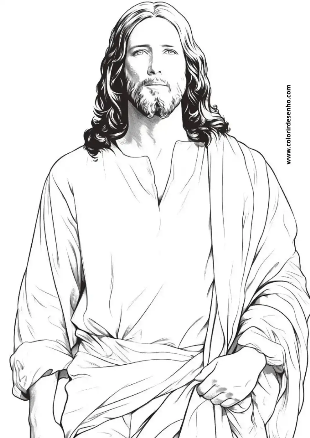 Desenho artístico realista de Jesus Cristo de frente, com cabelos longos ondulados, barba detalhada e túnica, em fundo branco para colorir.