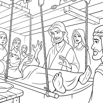 Desenho de contorno de Jesus Cristo olhando para um homem em uma maca sendo descido por cordas através de uma abertura no teto, com pessoas observando.