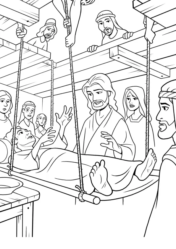 Desenho de contorno de Jesus Cristo olhando para um homem em uma maca sendo descido por cordas através de uma abertura no teto, com pessoas observando.