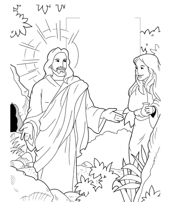 Desenho de contorno de Jesus Cristo à esquerda com uma auréola radiante, conversando com a mulher samaritana que segura um cântaro à direita, próximo a um poço.