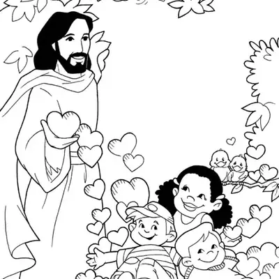 Desenho de contorno de Jesus Cristo segurando corações e entregando-os a três crianças sentadas, com corações flutuando e pássaros ao redor.