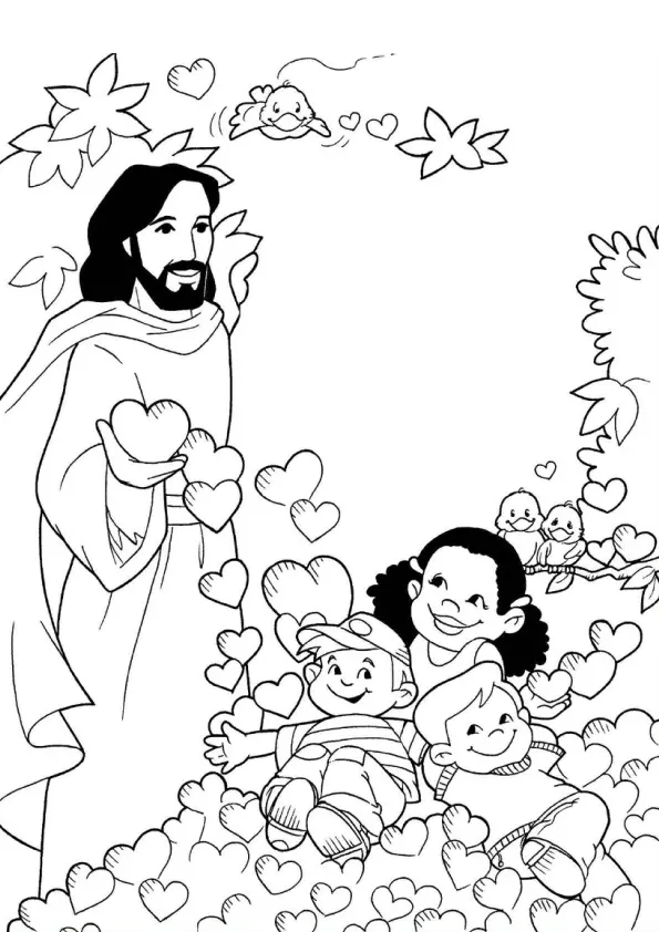 Desenho de contorno de Jesus Cristo segurando corações e entregando-os a três crianças sentadas, com corações flutuando e pássaros ao redor.