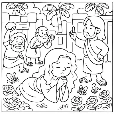 Desenho de contorno estilo infantil mostrando uma mulher ajoelhada em oração ao centro, Jesus à direita apontando para cima e dois homens ao fundo.