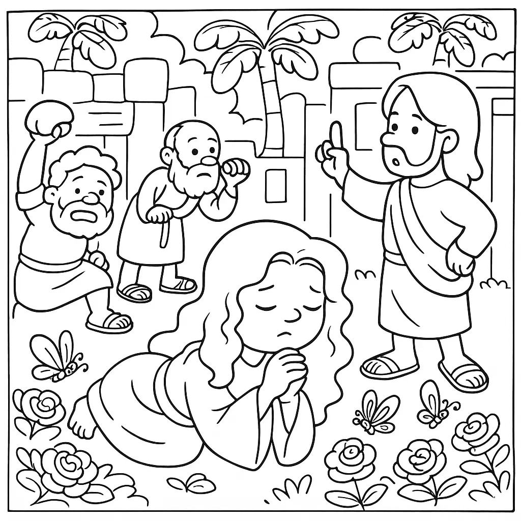 Desenho de contorno estilo infantil mostrando uma mulher ajoelhada em oração ao centro, Jesus à direita apontando para cima e dois homens ao fundo.