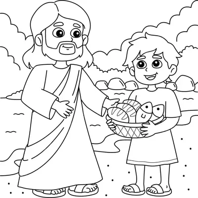 Desenho de contorno estilo infantil de Jesus à esquerda e um menino à direita segurando um cesto com pães e peixes em uma praia com nuvens.