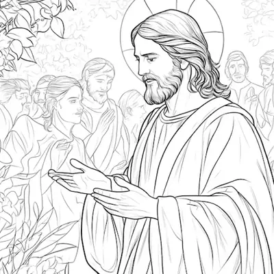 Desenho detalhado em preto e branco de Jesus Cristo de perfil com uma auréola circular, mãos abertas em pregação e pessoas ao fundo.