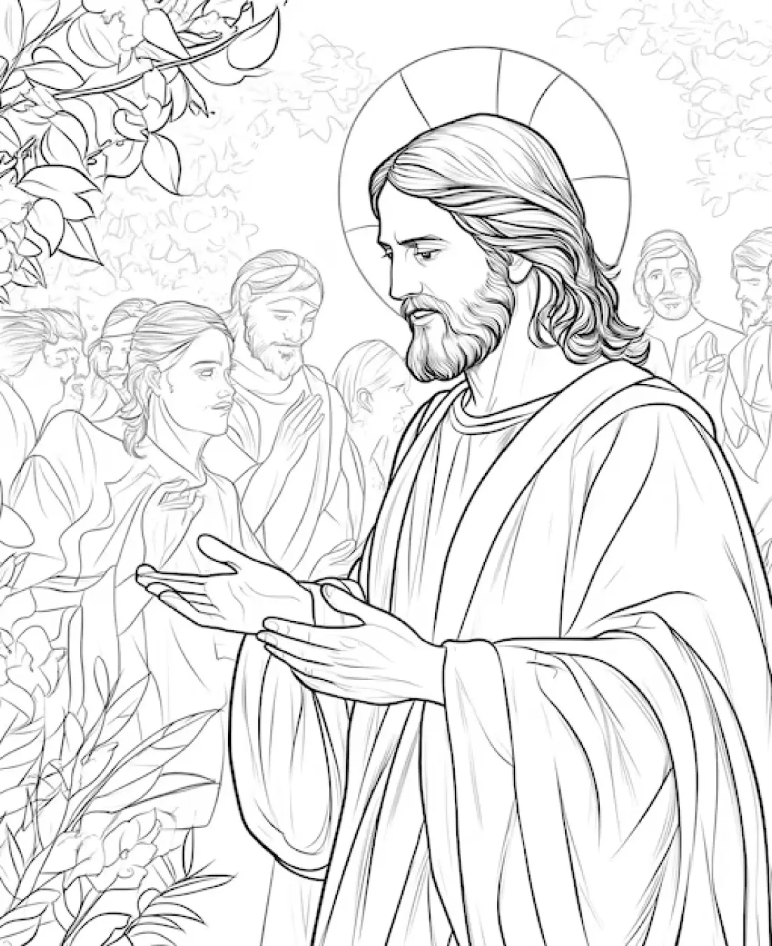 Desenho detalhado em preto e branco de Jesus Cristo de perfil com uma auréola circular, mãos abertas em pregação e pessoas ao fundo.
