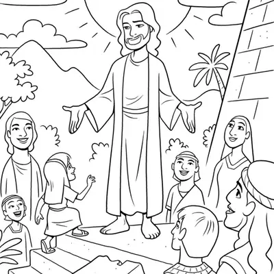 Desenho de contorno estilo infantil de Jesus Cristo em pé em um degrau, braços abertos, pregando para homens, mulheres e crianças sob o sol.