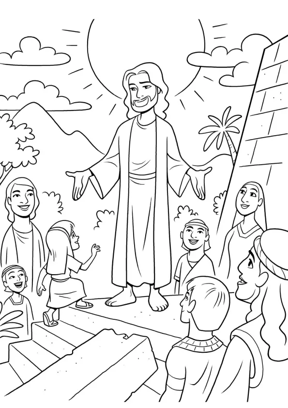 Desenho de contorno estilo infantil de Jesus Cristo em pé em um degrau, braços abertos, pregando para homens, mulheres e crianças sob o sol.
