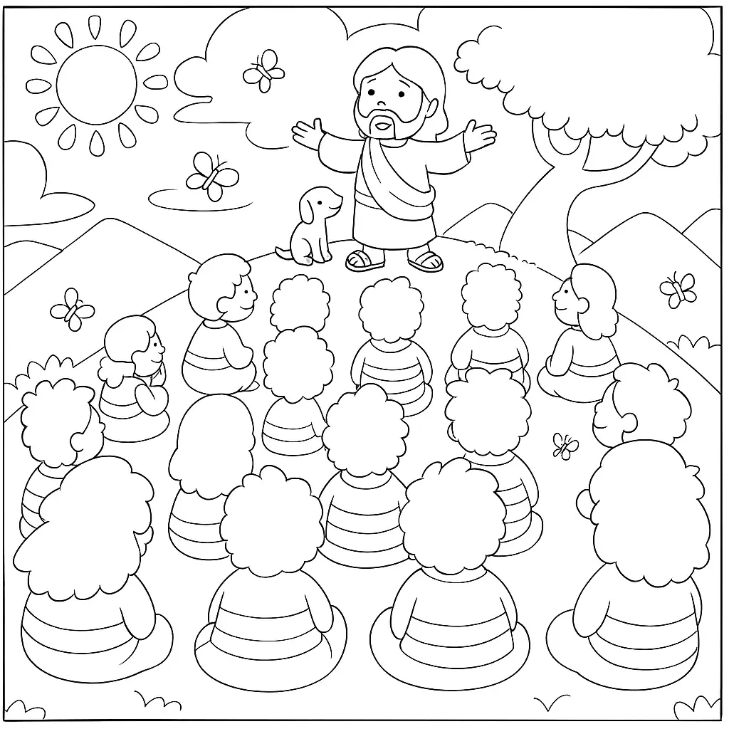Desenho de contorno estilo infantil de Jesus em pé com os braços abertos em uma colina, falando para um grupo de crianças sentadas de costas, com sol e nuvens ao fundo.