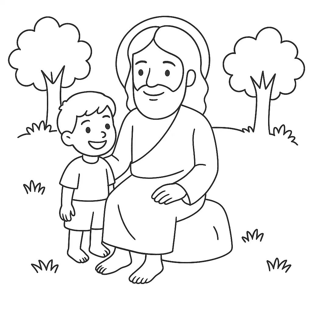 Desenho de contorno estilo infantil de Jesus sentado em uma rocha à direita, com o braço sobre o ombro de um menino em pé à esquerda, cercados por árvores.