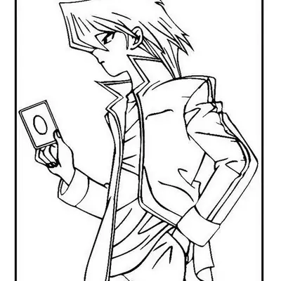 Desenho de contorno em preto e branco de Joey Wheeler visto de perfil, usando sua jaqueta característica e segurando uma carta de duelo.