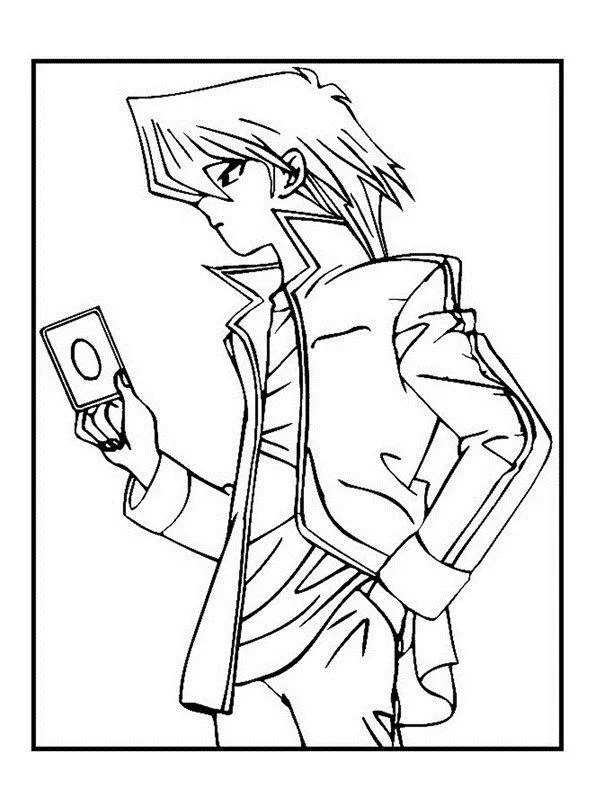 Desenho de contorno em preto e branco de Joey Wheeler visto de perfil, usando sua jaqueta característica e segurando uma carta de duelo.