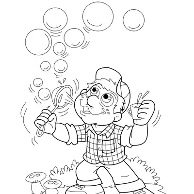 Desenho de contorno do personagem Júlio do Cocoricó soprando um aro de sabão, com várias bolinhas flutuando e cogumelos no chão.