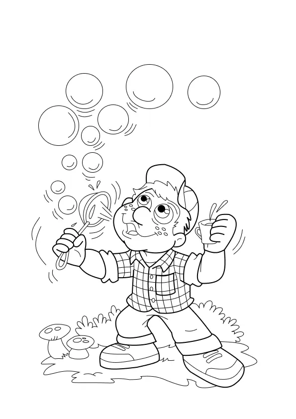 Desenho de contorno do personagem Júlio do Cocoricó soprando um aro de sabão, com várias bolinhas flutuando e cogumelos no chão.