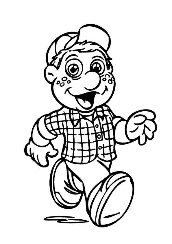 Desenho de contorno do Júlio do Cocoricó sorrindo e correndo, vestindo camisa de botões xadrez, calças e boné.