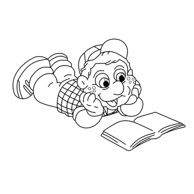 Desenho de contorno do Júlio do Cocoricó deitado no chão com os pés para cima, apoiando o rosto nas mãos e lendo um livro.
