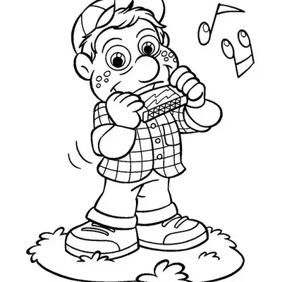 Desenho de contorno do personagem Júlio do Cocoricó, usando boné e camisa xadrez, segurando e tocando uma gaita de boca.