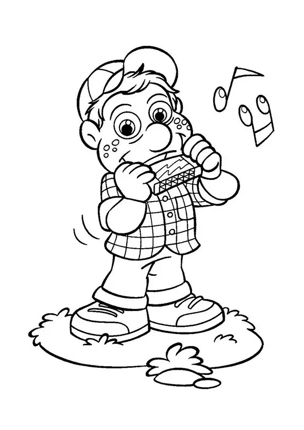 Desenho de contorno do personagem Júlio do Cocoricó, usando boné e camisa xadrez, segurando e tocando uma gaita de boca.