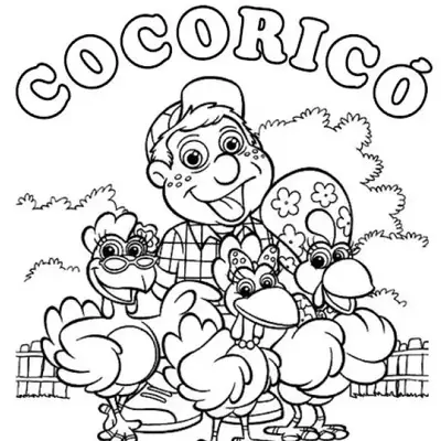 Desenho de contorno do Júlio cercado pelas galinhas da turma do Cocoricó em frente a uma cerca, com a palavra 