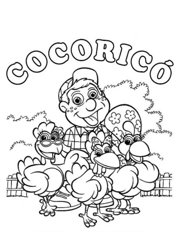 Desenho de contorno do Júlio cercado pelas galinhas da turma do Cocoricó em frente a uma cerca, com a palavra "COCORICÓ" escrita no topo.
