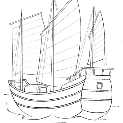 Desenho de contorno de um junco chinês tradicional com três mastros e velas sustentadas por ripas horizontais navegando sobre ondas leves.