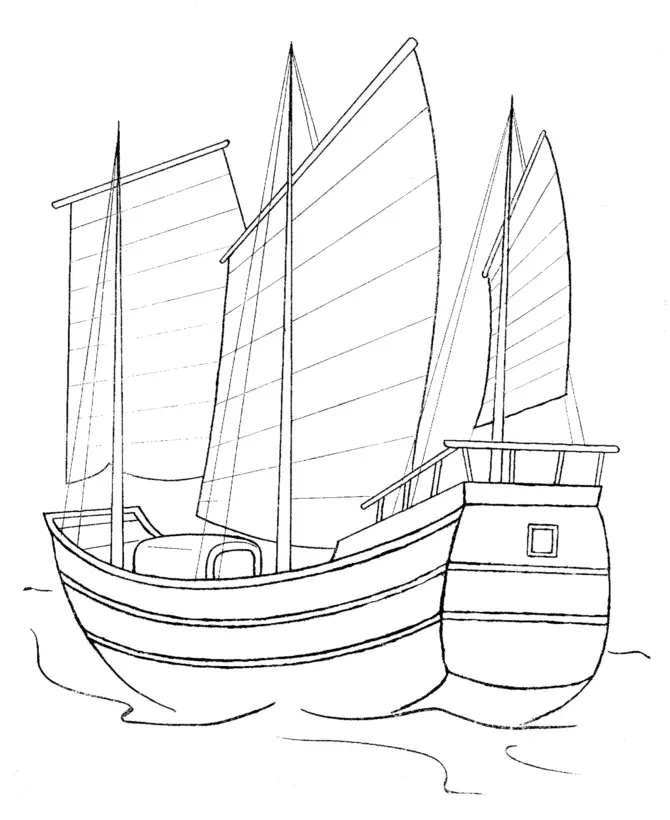 Desenho de contorno de um junco chinês tradicional com três mastros e velas sustentadas por ripas horizontais navegando sobre ondas leves.