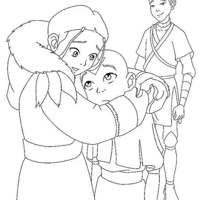 Desenho da Katara Abraçando o Aang com Sokka ao Fundo