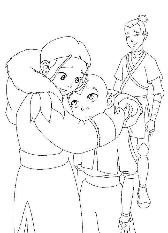 Desenho de contorno em preto e branco de Katara abraçando Aang protetoramente, com Sokka sorrindo ao fundo, em estilo anime.