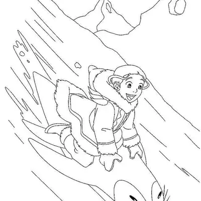 Desenho da Katara Escorregando no Gelo com um Pinguim