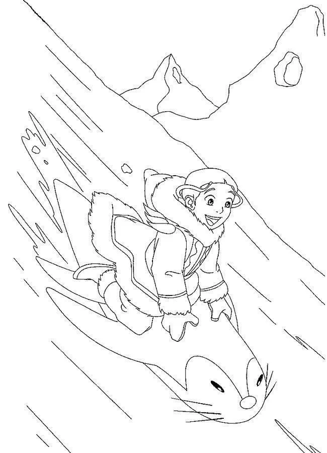 Desenho de contorno em preto e branco de Katara usando casaco de pele e escorregando rápido em cima de um pinguim em uma montanha de neve.