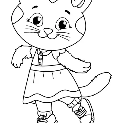 Desenho de contorno da personagem Katerina Kittycat em pé, usando um vestido com botões e um laço na orelha direita, estilo desenho animado.