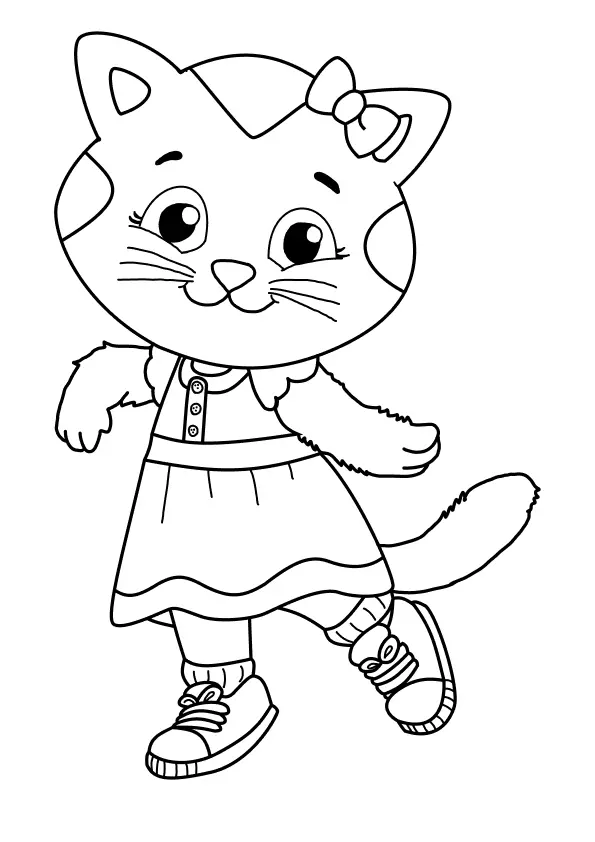 Desenho de contorno da personagem Katerina Kittycat em pé, usando um vestido com botões e um laço na orelha direita, estilo desenho animado.