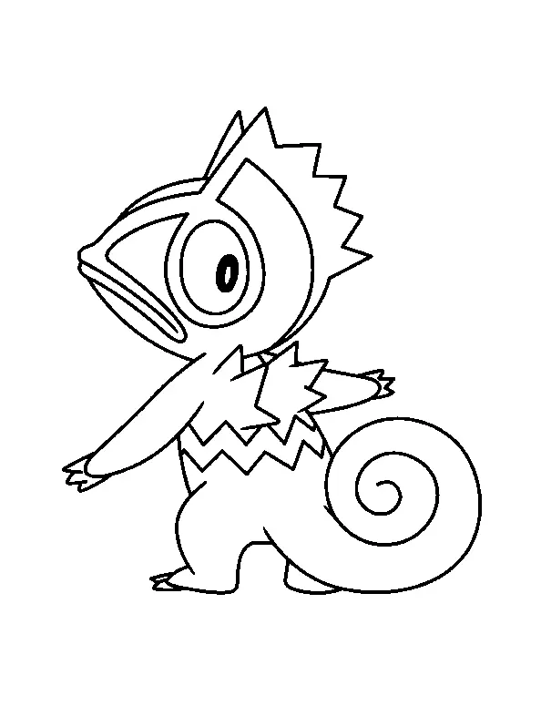 Desenho de contorno em preto e branco do Pokémon Kecleon, mostrando sua cauda enrolada e a faixa em zigue-zague na barriga.