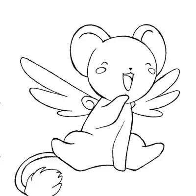 Desenho de contorno do personagem Kero, uma pequena criatura alada semelhante a um urso de pelúcia, sentado e sorrindo com os braços abertos.